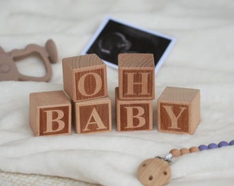 Engraved Beech Wood Baby Blocks: "OH BABY" Nursery Decor