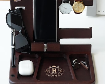 Personalized Docking Station, Solid Wood Nightstand Organizer, Anniversary Gift for Men, Birthday Gift for Dad Husband, Valet Tray