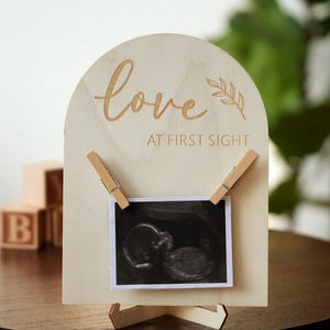 Love at First Sight Ultrasound Photo Holder: Wooden Baby Announcement Sign