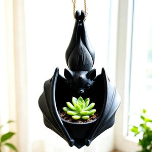 Hanging Upside‑Down Bat Planter, Gothic Black 3D Printed Bat Plant Pot, Spooky Wall Hanging Succulent Flower Pot, Witchy Home Decor Gift