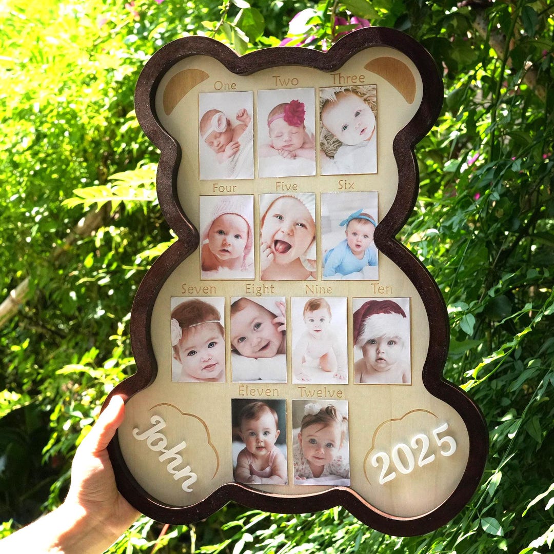 Personalized Teddy Bear Baby Photo Frame: First Year Milestone Keepsake ...