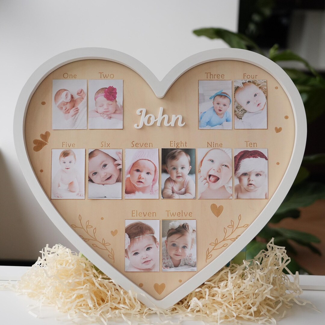 Personalized Baby Milestone Photo Frame: Double-sided Wooden Heart ...