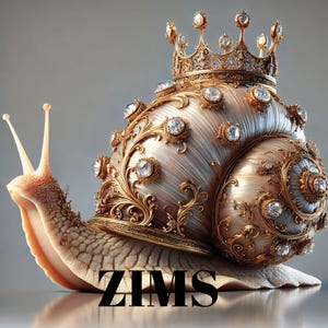 May include: A decorative image of a snail wearing a golden crown and embellished with jewels. The snail's shell is detailed with golden filigree and more gems. The word "ZIMS" is written in bold, black letters at the bottom of the image.