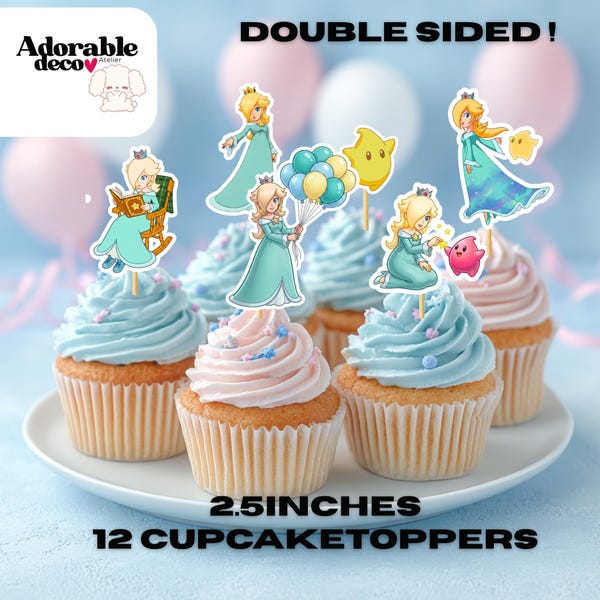 Adornos para cupcakes de la Princesa Rosalina, decoraciones de cumpleaños de Super Mario, palillos rosas para fiestas de princesas, decoración para cupcakes con temática de Mario, juego de 12