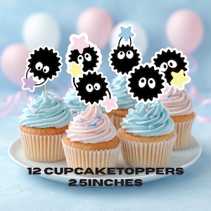 May include: A white plate holds cupcakes with blue and pink frosting, topped with black cartoon character cupcake toppers. The toppers are 2.5 inches in size and have star accents. The text "12 CUPCAKE TOPPERS 2.5 INCHES" is at the bottom.