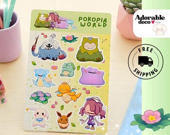 1 feuille d'autocollants Pokopia | Fan Art Kawaii fait main | Papeterie |  | Feuille d'autocollants à découper