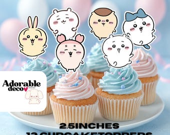 Adornos para cupcakes Chiikawa: Decoración kawaii para fiestas de cumpleaños (juego de 12)