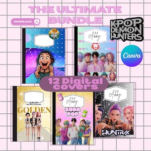 May include: A set of 12 digital covers with diverse designs. The covers display cartoon characters, K-pop groups, and text including "The Ultimate Bundle," "K-Pop Demon Hunters," and names like "Abby" and "Zoey." The background is a pink grid.