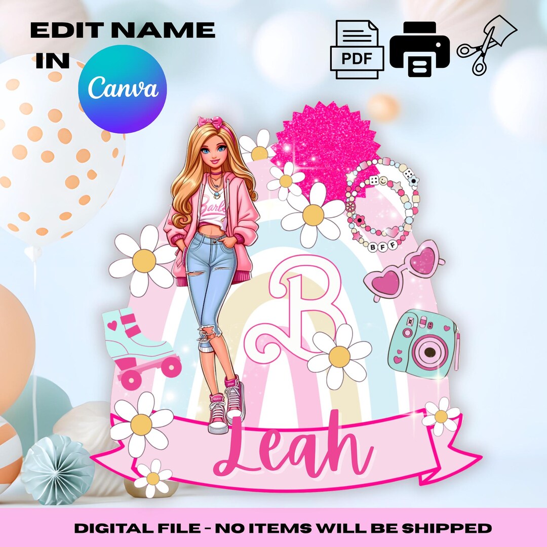 Editable Barbie Cake Topper: DIY Party Decor Canva Template (PDF ...