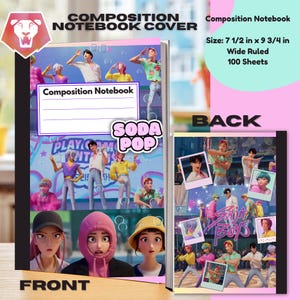 Puede incluir: Cuaderno de composición con un diseño Soda Pop colorido. La portada presenta personajes animados y el texto "Composition Notebook". El cuaderno mide 19.05 cm x 24.77 cm, es de rayas anchas y tiene 100 hojas.
