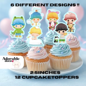 12 Dimoo Cupcake Toppers – 2.3” Cute Kawaii Party Decorations – Dimoo Birthday Party Decor – Dessert Table Toppers