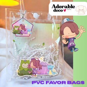 May include: Clear PVC favor bags with cartoon character stickers and white crinkle paper. The bags have a pentagon-shaped tag with cartoon characters. The text "PVC FAVOR BAGS" is printed at the bottom.
