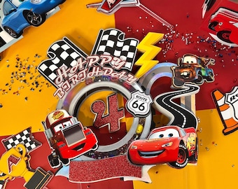 Décoration pour gâteau Lightning McQueen : décoration de fête d'anniversaire de film de voitures avec LED et confettis