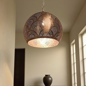 Handmade Brushed Brass Hanging Lamp – Perforated Globe Pendant Light with Shadow Patterns