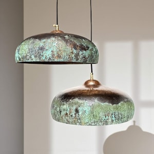 Set of 2 Copper Farmhouse Pendant Lights – Green Oxidized Patina Ceiling Lamps