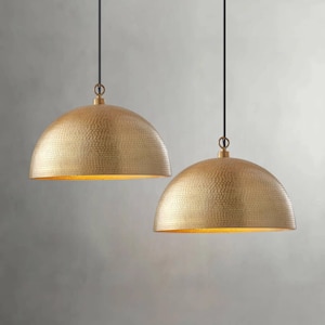 Set of 2 Gold Dome Pendant Lights - Hammered Brass Ceiling Lamps for Modern Homes