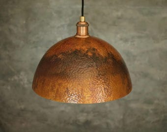 Hammered Copper Pendant Light for Kitchen Island - Rustic dome Lighting Fixture for Home Decor