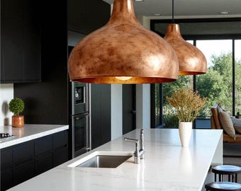 Lampada a sospensione in rame grezzo per isola cucina – Lampada da soffitto a cupola rustica