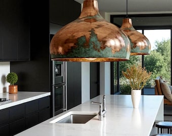 Oxidized Copper Pendant Light – Unlacquered Green Patina Dome Ceiling Lamp for Kitchen Island