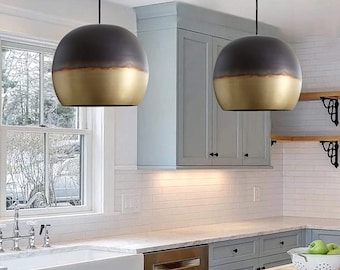 Set of 2 Modern Black & Gold Hanging Light Fixture - Burnished Brass Globe Pendant Lamps