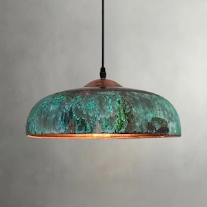 Modern Kitchen Island Pendant Light – Handmade Copper Round Ceiling Lamp with Green Patina Finish
