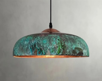 Modern Kitchen Island Pendant Light – Handmade Copper Round Ceiling Lamp with Green Patina Finish