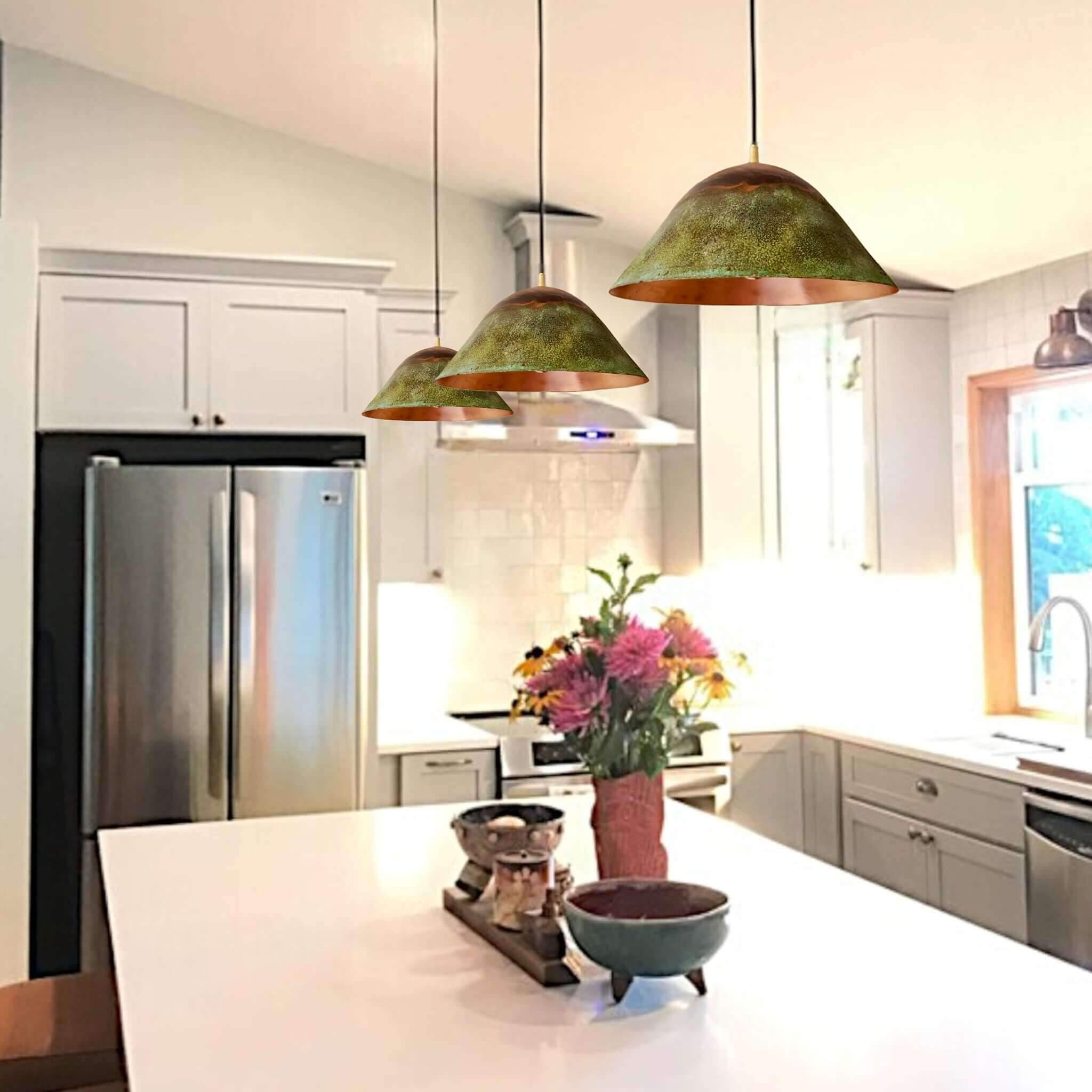 Set of 3 Green Patina Copper Bell Pendant Lights – Rustic Farmhouse ...