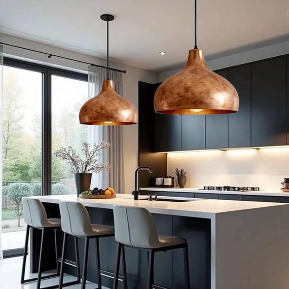 Natural Copper Pendant Light, Rustic Farmhouse Kitchen Island Lighting
