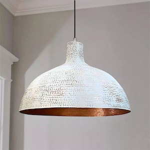 Copper & White Dome Pendant Light - Modern Hammered Brass Ceiling Lamp for Dining Room