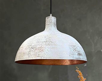 White Hammered Copper Pendant Light, Modern Farmhouse Kitchen Island Lighting
