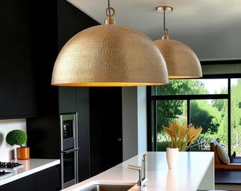 Lámpara colgante de cúpula de latón martillado, iluminación para isla de cocina de mediados de siglo