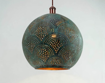 Green Patina Copper Pendant Light, Perforated Globe Kitchen Island Lighting