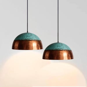 Set of 2 Oxidized Copper Pendant Lights - Green Patina Dome Hanging Ceiling Lamps Decor