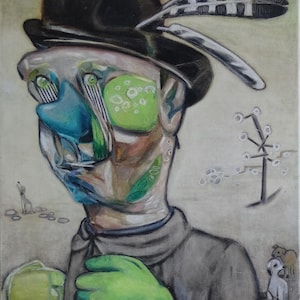 ABSTRACT BIZARRE PORTRAIT Man Oil on Canvas.