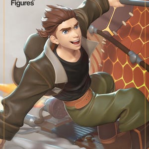 May include: A dynamic action figure of a young man in a brown jacket, black shirt, and green pants, holding a pole. The figure has brown hair and blue eyes, with a joyful expression. The figure is from Nom Nom Figures.