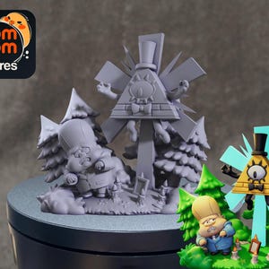 May include: A detailed figurine set featuring characters and elements from a cartoon series. The set includes a gray sculpture of a scene with trees and a character, and a colorful figure of a triangle with a top hat and a character.