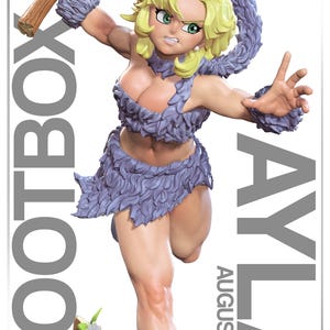 Peut inclure: Figurine d'un personnage féminin dans une pose dynamique, tenant une massue en bois. Elle porte une tenue garnie de fourrure lavande. La figurine a les cheveux blonds et les yeux verts. Le texte "AYLA AUGUST 2025" et "LOOTBOX" sont visibles.