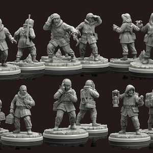May include: A set of grey miniature figures of explorers in winter clothing. Each figure stands on a circular base and features detailed attire, including parkas, hats, and backpacks. Some figures hold tools such as lanterns and rifles.