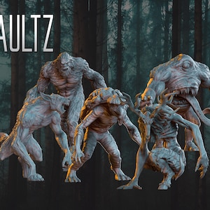 May include: A collection of monster figurines, including a werewolf, a large ape-like creature, and other humanoid monsters. The word "VAULTZ" is displayed in a silver font at the top. The background is a dark forest.