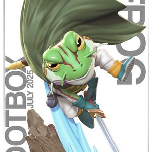 May include: A detailed figurine of a frog warrior with a green and white color scheme, cape, and sword. The figure is posed dynamically, with the text "LOOTBOX JULY 2025" and "nomnom Figures" visible.