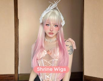 Long Pink Ombre Cosplay Wig with Bangs, Soft Pastel Fantasy Hair for Women, Daily Cute Look Wigs, Anime Style Wigs, Costume Wig, Cosplay Wig