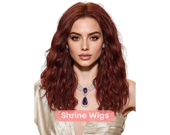 May include: A woman with long, wavy auburn hair, wearing a sparkling necklace with a large purple pendant. She is also wearing earrings. The text "Shrine Wigs" is displayed in a pink rectangle at the bottom of the image.