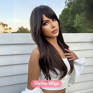 Chocolate Brown Wigs With Bangs, 22 inch Wig, Synthetic Fiber Wigs, Wigs For Women, Women Brown Wig, Brown Wig With Bang, Synthetic Long Wig