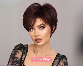 Perruque synthétique courte bordeaux coupe lutin, coupe carrée 25 cm résistant à la chaleur avec frange latérale pour femme, perruques de costume, perruques d'halloween