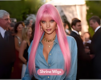 Straight Light Pink Wig with Bangs, 26 Inch Long Synthetic Hair, Heat Resistant Daily/Cosplay Wig, Barbiecore Aesthetic, Halloween Wigs