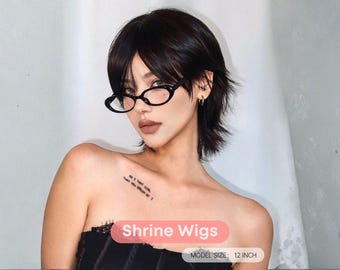 Short Black Shag Mullet Wig with Curtain Bangs, Trendy Layered Synthetic Wig, Natural Look Short Wolf Cut for Daily Fashion Wig, Costume Wig