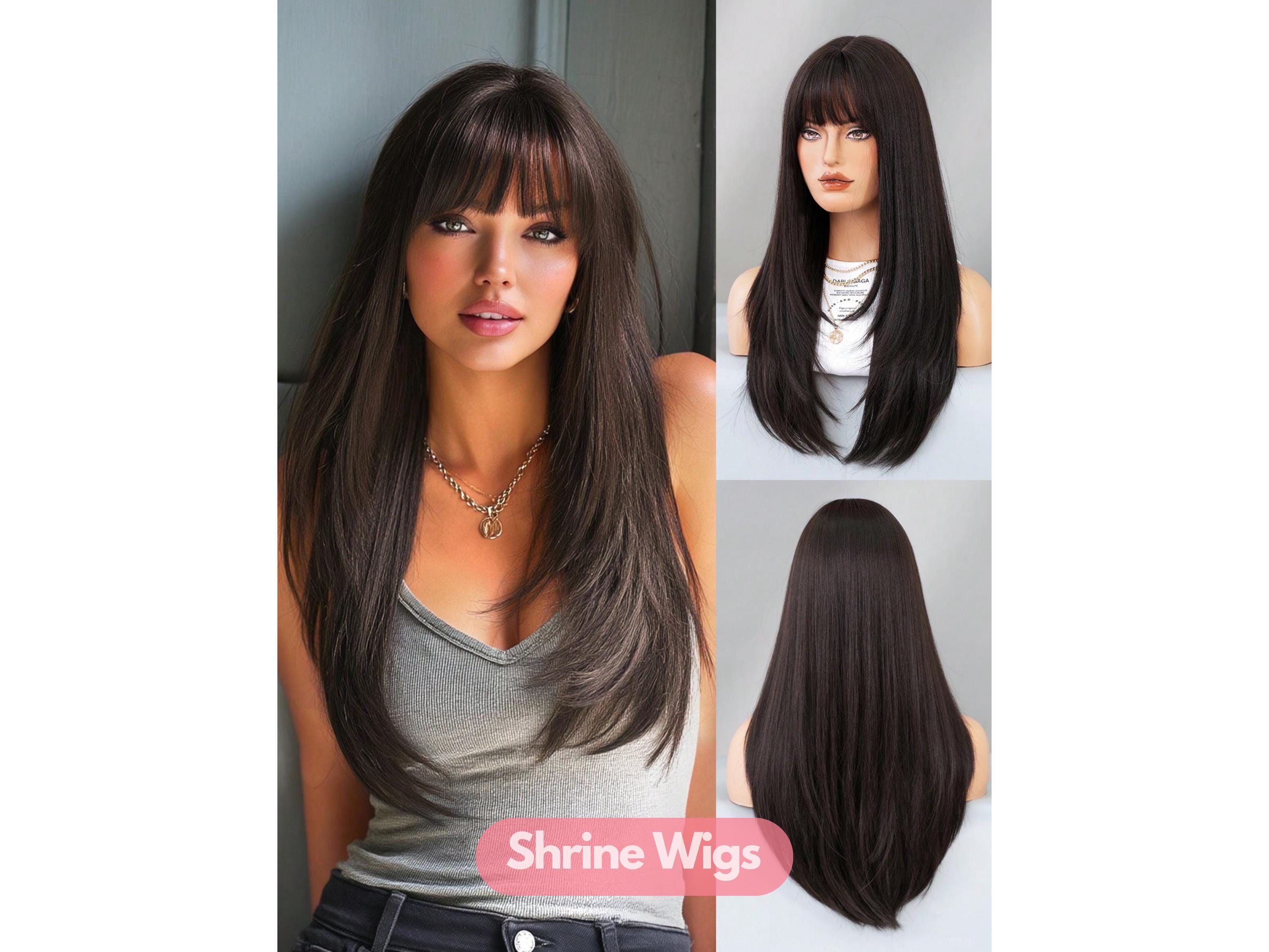 24 Inch Long Straight Wig With Bangs Dark Brown Natural Daily Wear Party Noble 24-36 Inches Natural Black Long Straight Wigs With  main image 3