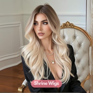 26インチ ホワイト ブロンド オンブル ウィッグ、ミディアム パート ロング ウィッグ、合成繊維ヘア、女性用ウィッグ、ブロンドヘア、女性用ウィッグ、コスプレ ウィッグ、デイリー ウィッグ