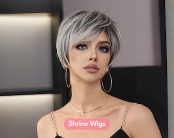 Kurze silberne Pixie-Perücke, 10-Zoll-hitzebeständige synthetische Haarperücke für Frauen, natürliches Ombre Grau-Schwarz-Schichtschnitt, Halloween-Perücken