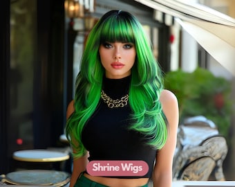 Ombre Mint Green Wig, Full Cap Green Wig, Dark Rooted, Yaki 